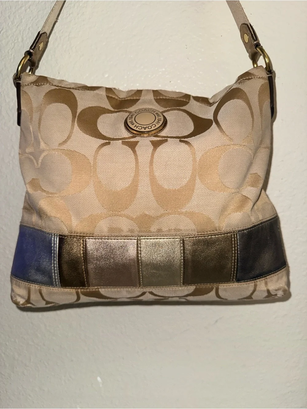 Coach Beige Signature Logo Shoulder Bag with Metallic Trim